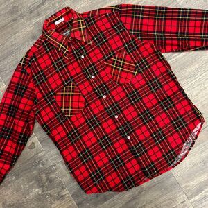 Vintage Campus Red Plaid Button Front Shirt‎ Men Size XL Long Tail Cotton (452)